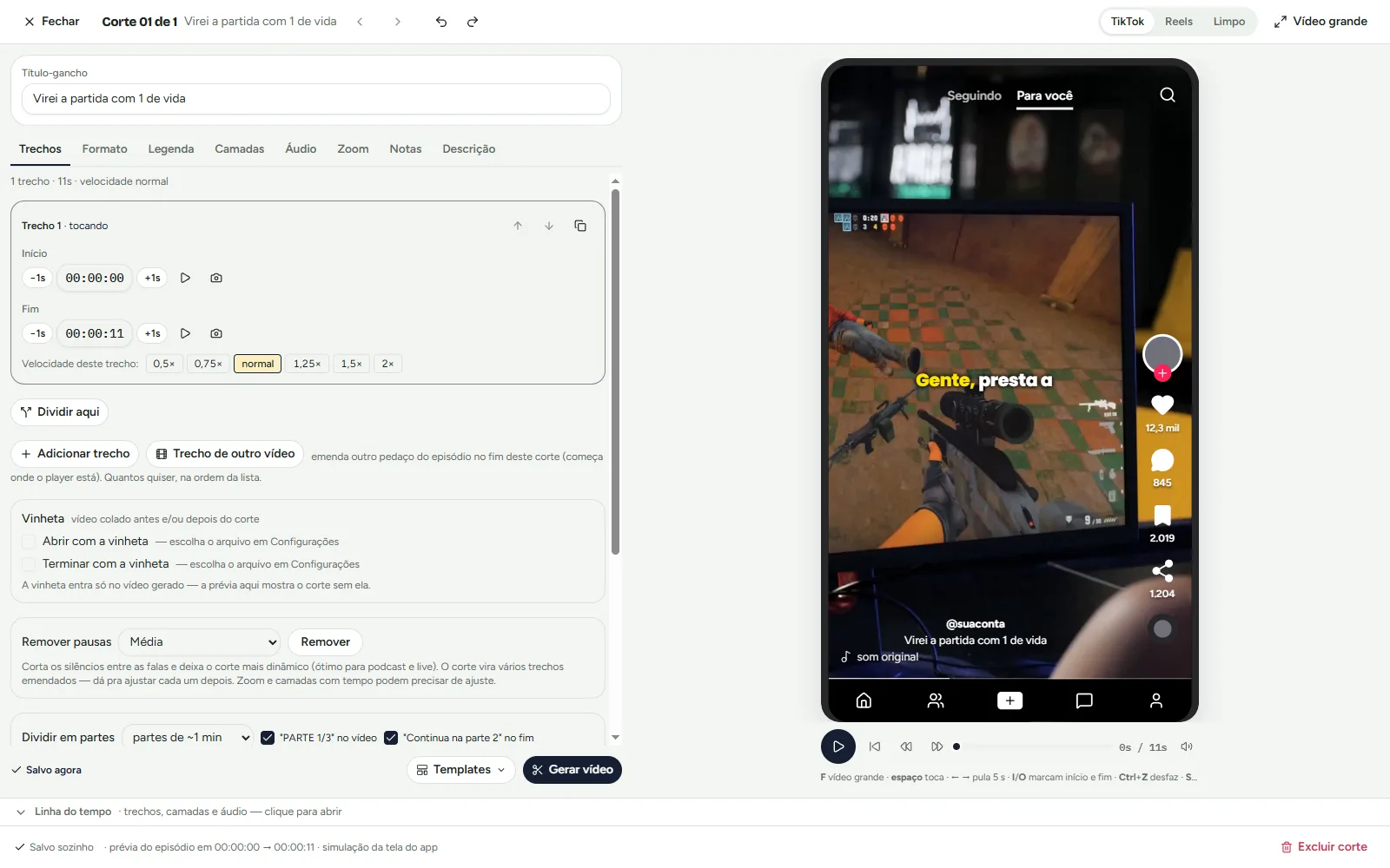 Editor do ClipaJá com um corte de gameplay: ajustes em abas à esquerda e a prévia vertical à direita, com a legenda aparecendo palavra por palavra